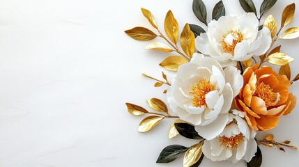 Elegant white stucco background with golden leaves and delicate peonies, creating a luxurious and sophisticated aesthetic.