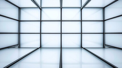 Geometric architectural design,  modern structure.  Intricate grid pattern, reflecting light