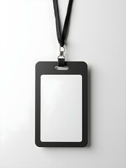 Blank badge mockup isolated on black. Plain empty name tag mock up hanging on neck with string, on white background.