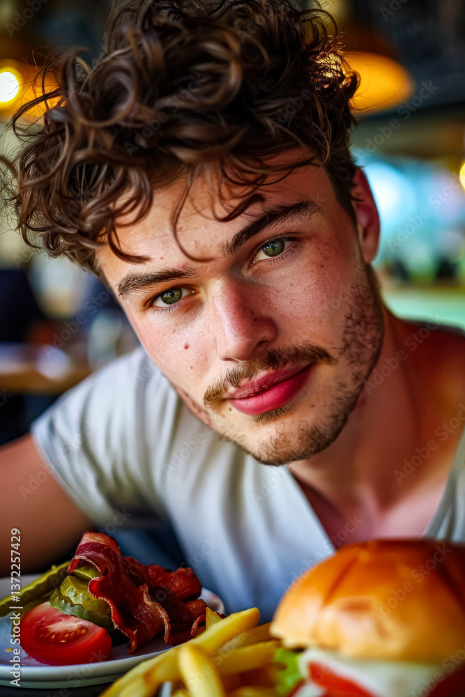 Poster man with a beard and green eyes is sitting at a table with a plate of food in front of him