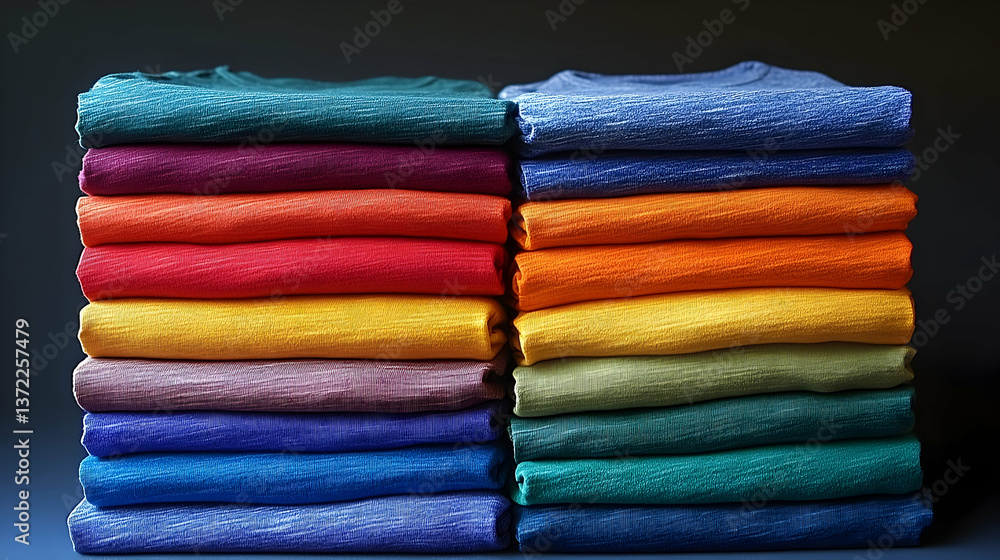 Poster stacked colorful textiles in a neat arrangement showcasing vibrant hues against a dark background