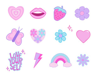 Y2k sticker set. Butterfly, heart, daisy, flower in the trendy psychedelic style 