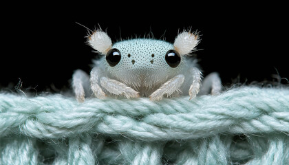 Obraz premium Cute white spider on wool fabric, in macro close-up with dark background - Generated with AI
