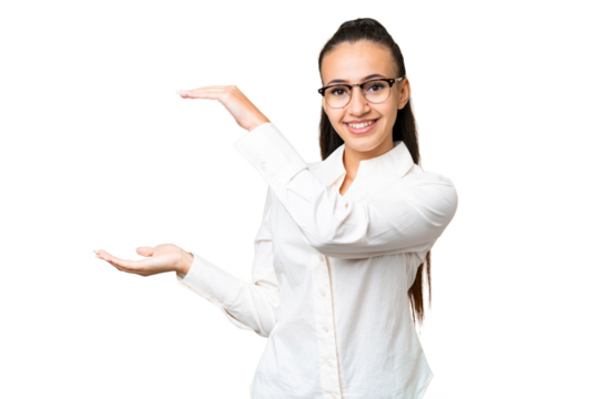 Young Arabian woman over isolated chroma key background holding copyspace to insert an ad