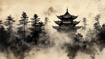 Obraz premium Oriental style landscape with trees surrounding a traditional pagoda silhouette