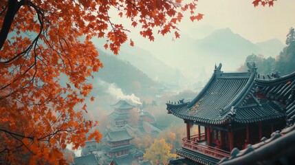 Fototapeta premium In autumn, red leaves cover the mountains, and a temple in China is filled with incense