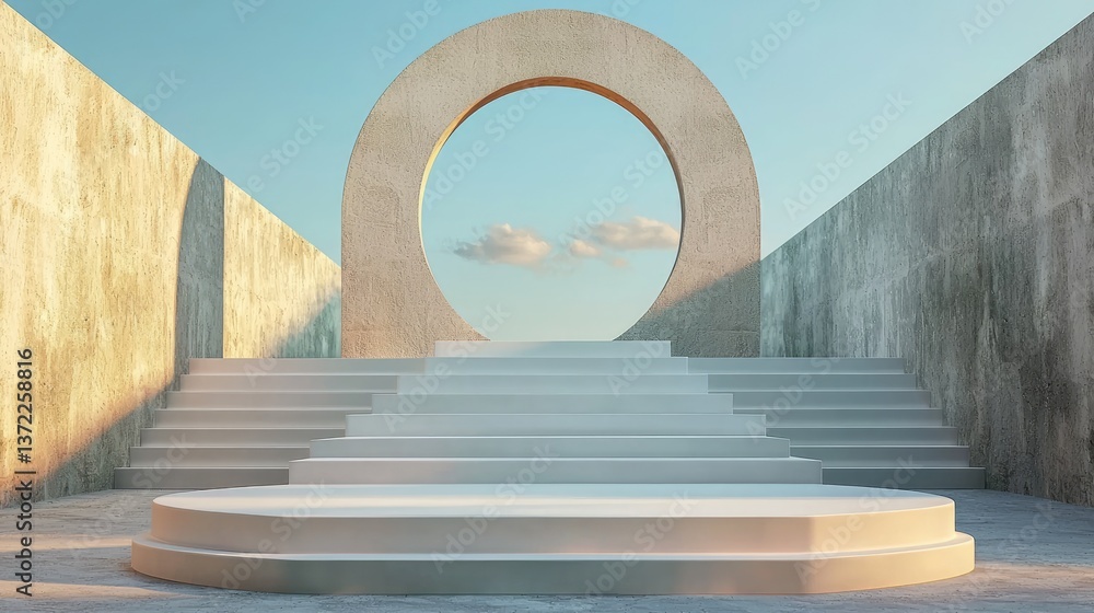 Poster minimal product display with a smooth white podium centered in a gray modern 3d scene.