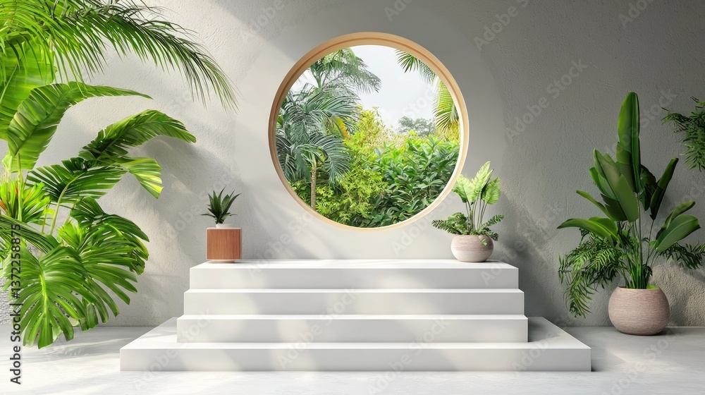 Poster minimal product display with a smooth white podium centered in a gray modern 3d scene.