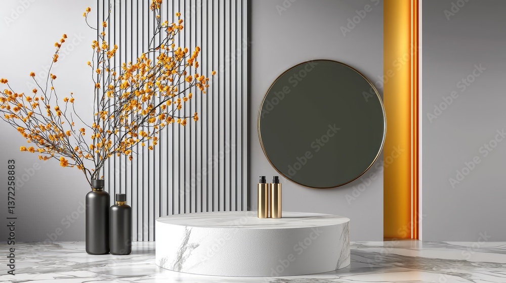 Poster minimalist 3d render of a white round podium on an abstract gray background, ideal for product displ