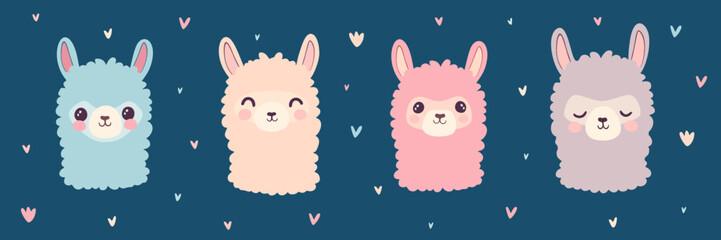 Set Colored Llamas on a blue background and hearts. Design for childrens room, wallpaper, textile and typography. Cute banner for baby shower, baby products and birthday gift cards