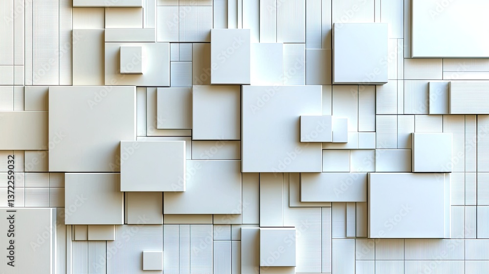 Poster modern abstract white texture with 3d paper-inspired geometric squares, creating depth and dimension