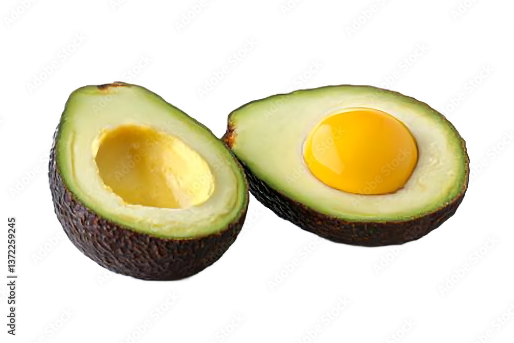 Poster a close up of two avocado halves, one with the pit removed and the other with the pit still in place