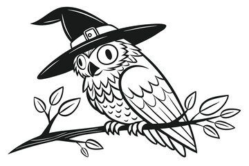Cute brown owl vector art silhouette on a tree branch