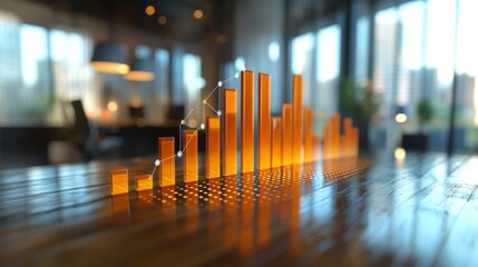 Orange bar graph with upward trend on a shiny wood table in an office room