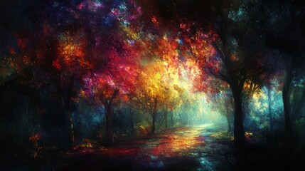 Obraz premium Colorful, mystical forest path at dawn