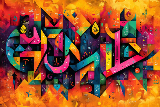 Colorful geometric shapes and calligraphy form a vibrant abstract artwork