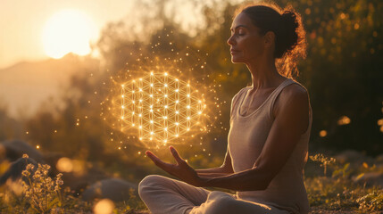 Glowing sacred geometric sphere featuring  Flower of Life pattern floats above young woman
