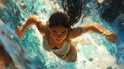 A strong, determined woman facing a vast and challenging landscape, her posture exuding confidence and hope.