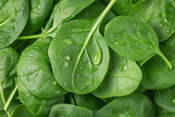Fototapeta premium A hyper-detailed close-up of dewdrops on fresh spinach leaves growing in an urban garden