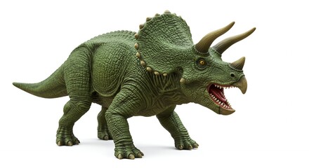 Fototapeta premium A Detailed Triceratops Dinosaur Model: Green Prehistoric Creature with Horns and Frill Isolated on White Background