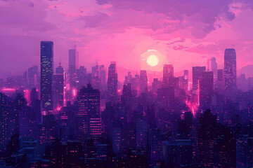 Obraz premium A beautiful purple pink city sunset with many buildings in the distance
