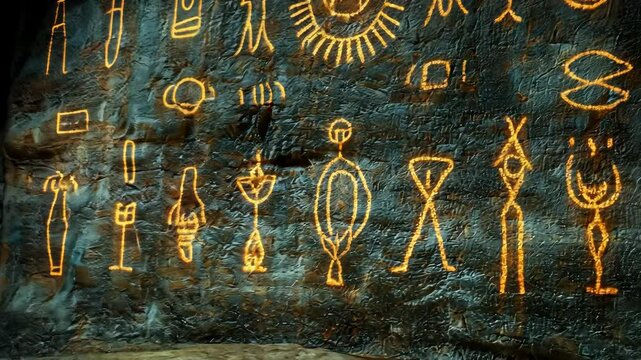 Ancient symbols illuminate cave wall in mysterious underground chamber showing cultural history