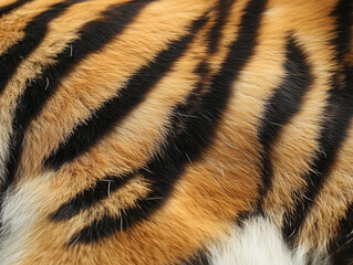 Close-up image of a tiger's skin showcasing its iconic striped fur has vibrant orange hues with deep black stripes running vertically.