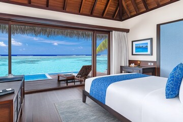 Fototapeta premium A luxurious overwater bungalow with a private deck overlooking crystal-clear waters