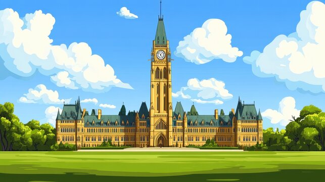 Vibrant flat illustration of Gothic-style Canadian Parliament Building
