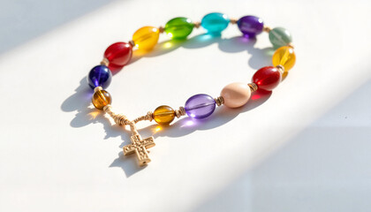 Colorful glass prayer beads showcasing tranquility on smooth surface, meditation