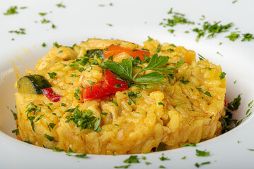 risotto, jedzenie, posiłek, ryz, dania, obiad, płyta, gotowanie, smażone, wieprzowina