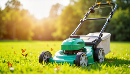 Green push lawn mower resting in peaceful garden at dawn, nature's beauty