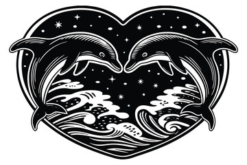 Silhouette of two dolphins jumping to form a heart, a unique and eye-catching piece of art