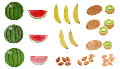 食べ物, フルーツ, コレクション, ひとそろい, 緑, 新鮮, 健康な, キウイフルーツ, バナナ, すいか, 自然, イラスト, 野菜, アーモンド,ナッツ,水彩絵の具, 色鉛筆, ダイエット