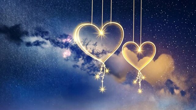 Glowing hearts dangle gracefully against a breathtaking twilight sky filled with stars. The enchanting scene evokes warmth and romance, perfect for celebrating love and connection