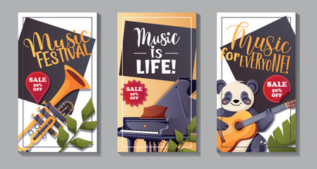 Three vertical vector banners with musical instruments and 50 percent off sale stickers. Perfect for advertising and social stories.