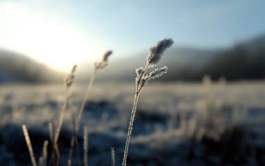 Obraz premium Frost Covered Grass at Sunrise in Mountain Landscape