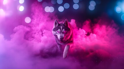 giant husky dog walking through a city at night, neon