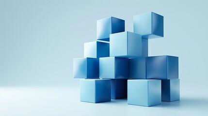 A stylized and surreal shot is formed by floating geometric cubes in blue hues a lovely motif emerges using blue hues over a white setting and space, Generative AI.