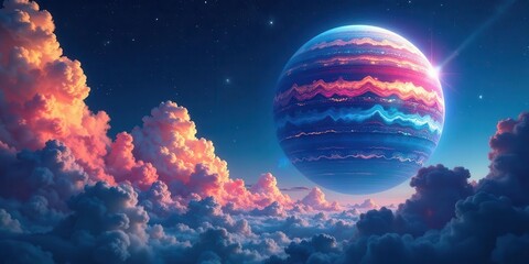 Fototapeta premium A Celestial Body Hovers Above a Sea of Pastel Clouds, Illuminated by a Distant Star, Creating a Dreamlike Atmosphere of Wonder and Serenity