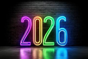 A neon outline of the numbers "2026" glowing against a dark background