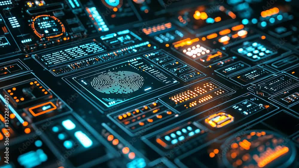 Poster high-tech glowing circuit board with intricate patterns and vibrant colors in a futuristic design