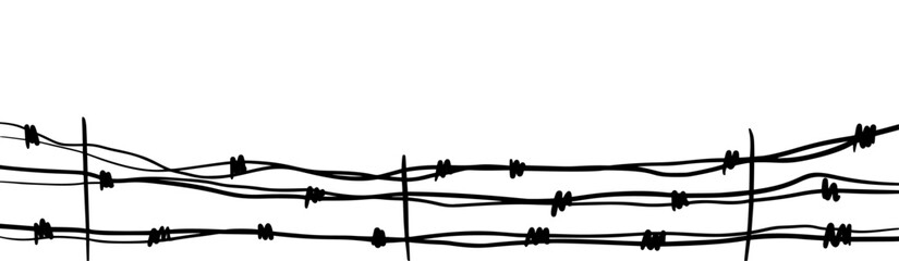 Barbed wire fence silhouette, military trench border wall. Battlefield barrier, prison or jail security element. Army defense vector illustration isolated on white background.