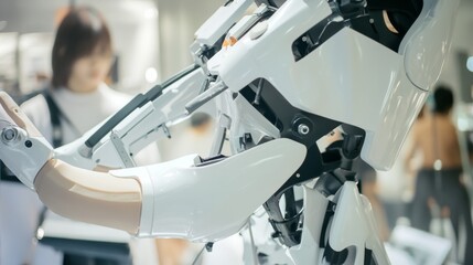 A high tech AI powered robotic exoskeleton, assisting a disabled person to walk, advanced rehabilitation setting