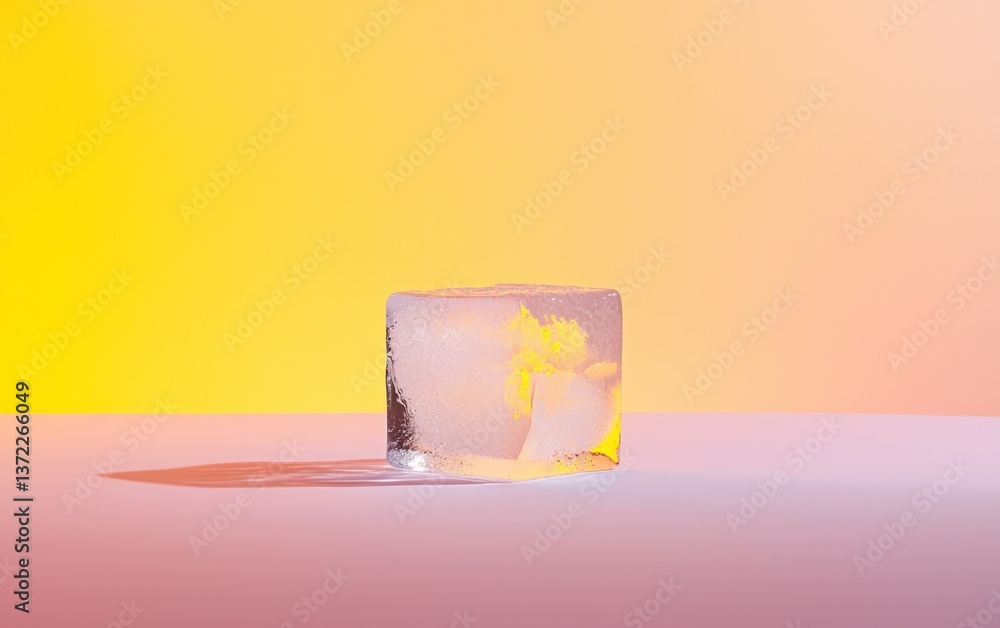 Poster translucent ice cube on pink surface with yellow and orange gradient background