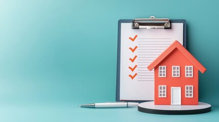 A model house sits beside a clipboard with a checklist, symbolizing home inspections or real estate evaluations against a turquoise background.