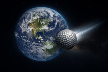 Naklejka premium Futuristic Golf Ball Orbiting Earth. Massive golf ball flying near Earth in outer space, surreal concept blending sport and science fiction with dynamic cosmic motion.image.png