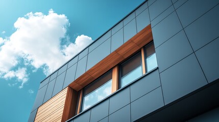Low angle view of a gray building facade with wood accents and window reflecting clouds