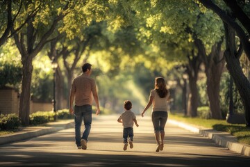 Obraz premium A family of three taking a morning walk along a tree-lined avenue, the child skipping ahead while the parents share a quiet moment of conversation.