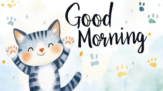 Whimsical "Good Morning" Greeting: A cheerful illustration featuring an adorable cat and "Good Morning" text, perfect for brightening any day.